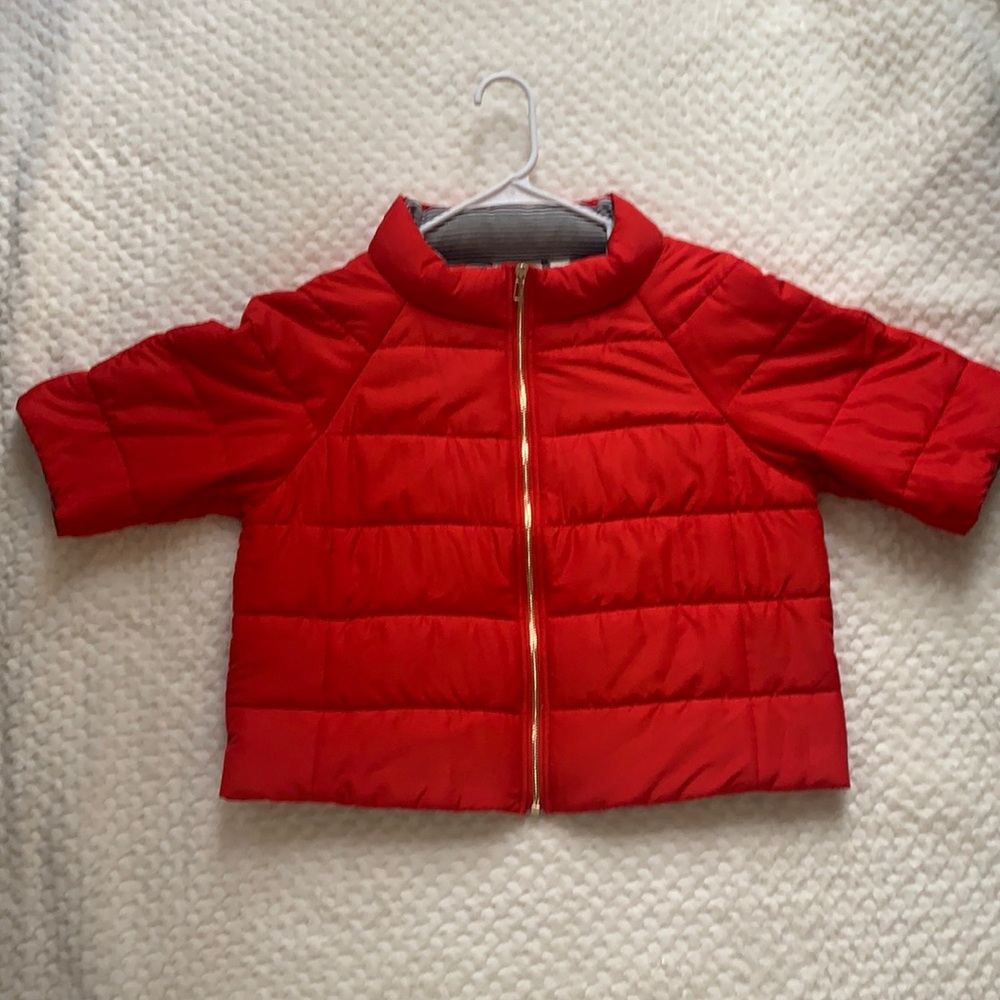 Chicos Red Short Sleeved Puff Jacket Vest with Striped Lining